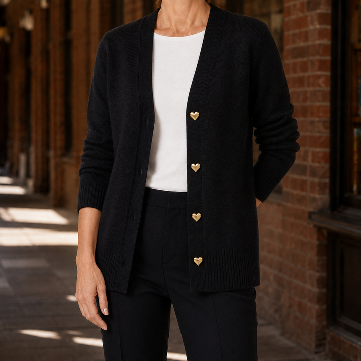 Women's V-neck cardigan with button front, long sleeves and patch pockets