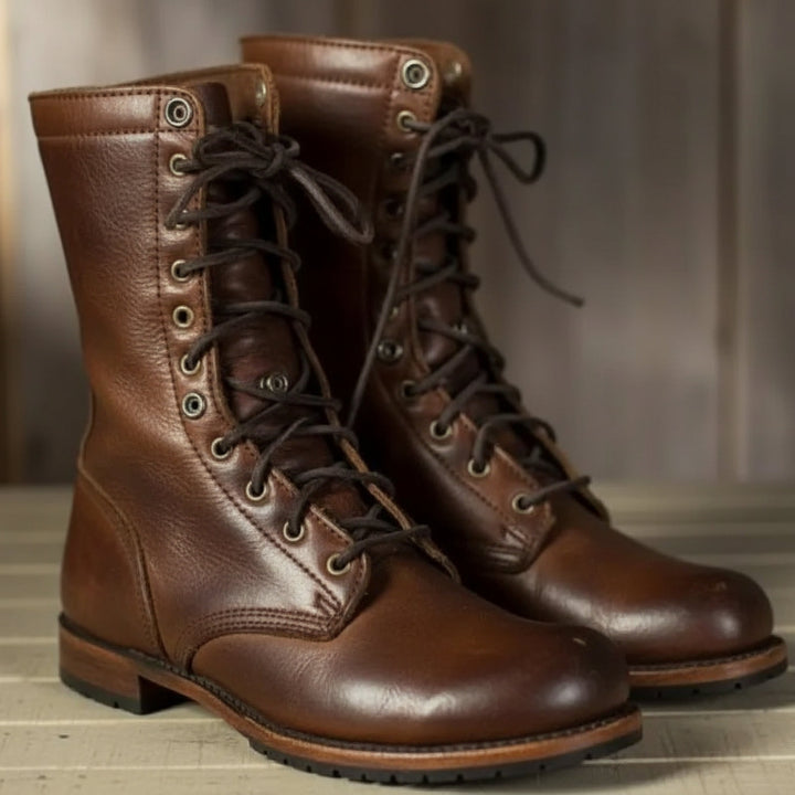 Unisex lace-up combat boots with round toes and low heels