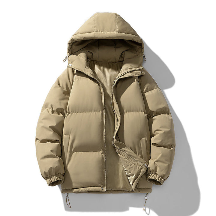 Men's hooded quilted puffer jacket with zip front and long sleeves
