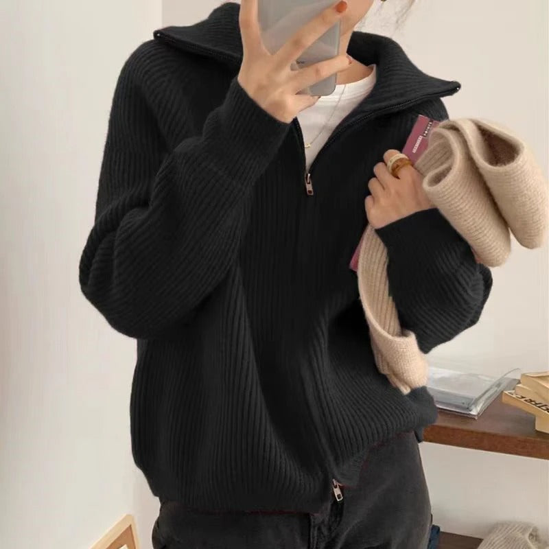 Women's zip-up knitted cardigan with high collar and long sleeves
