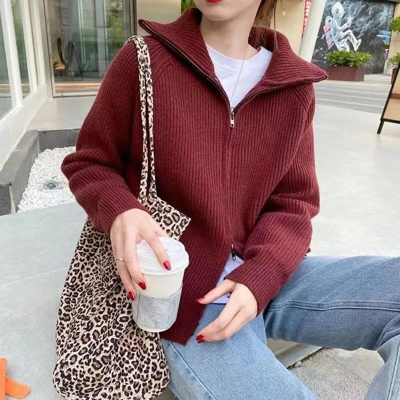 Women's zip-up knitted cardigan with high collar and long sleeves