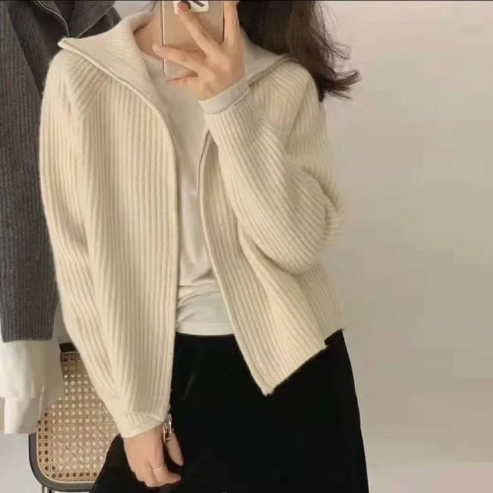 Women's zip-up knitted cardigan with high collar and long sleeves