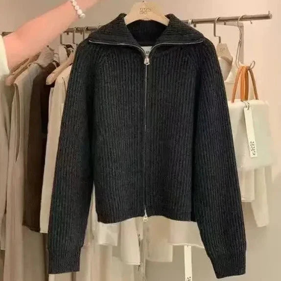 Women's zip-up knitted cardigan with high collar and long sleeves