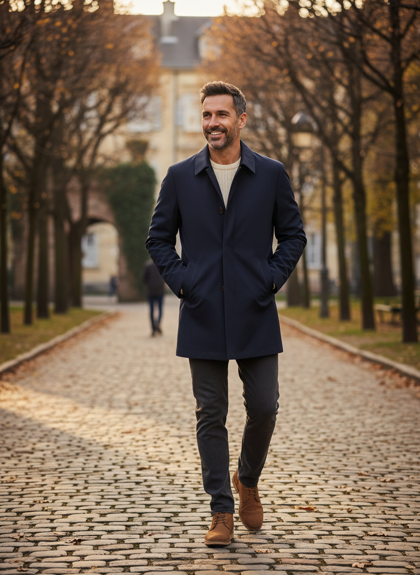 Men's button front trench coat with pointed collar and side pockets