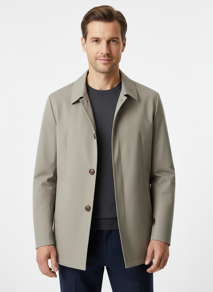 Men's button front trench coat with pointed collar and side pockets