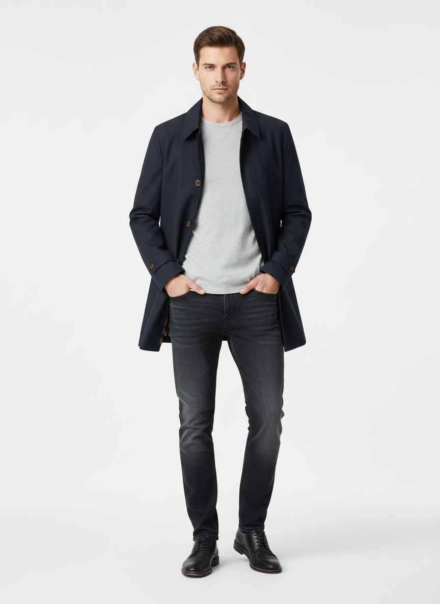 Men's button front trench coat with pointed collar and side pockets