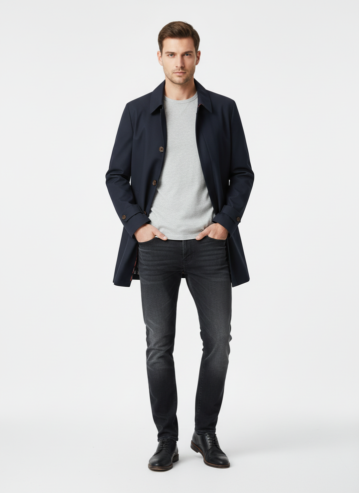 Men's button front trench coat with pointed collar and side pockets