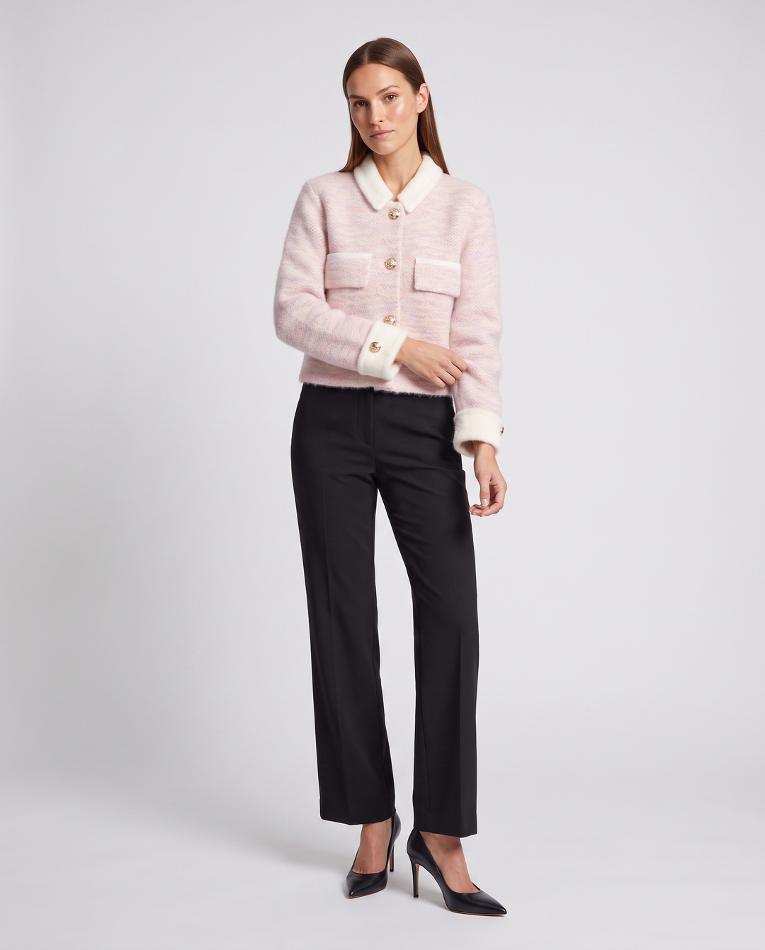 Women's contrast collar button-front cardigan with long sleeves
