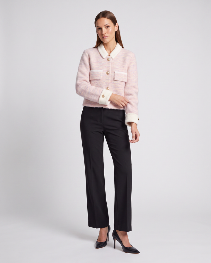Women's contrast collar button-front cardigan with long sleeves