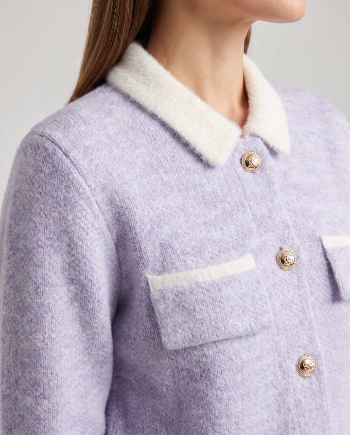Women's contrast collar button-front cardigan with long sleeves