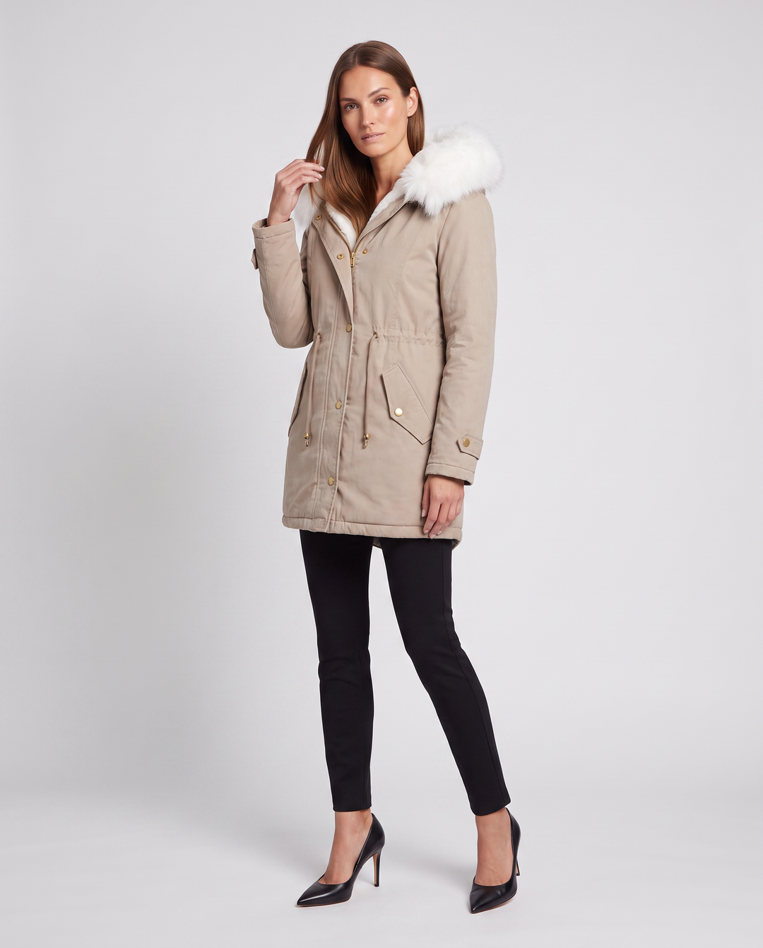 Women's hooded parka coat with fur-look trim and drawstring waist