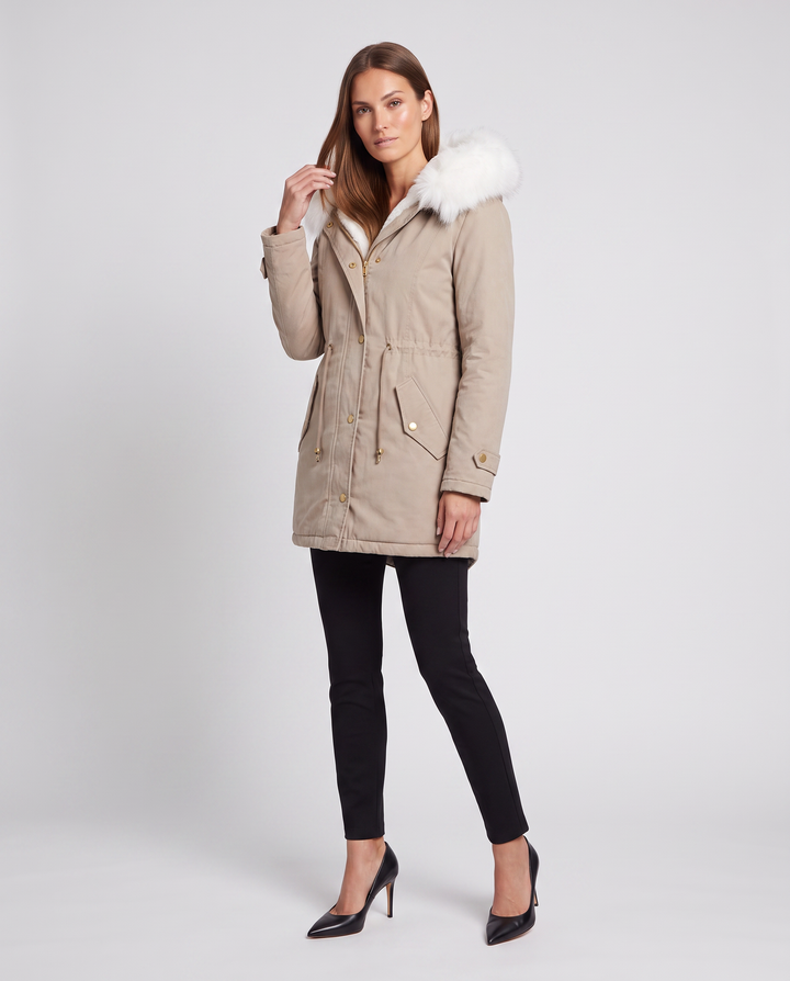 Women's hooded parka coat with fur-look trim and drawstring waist