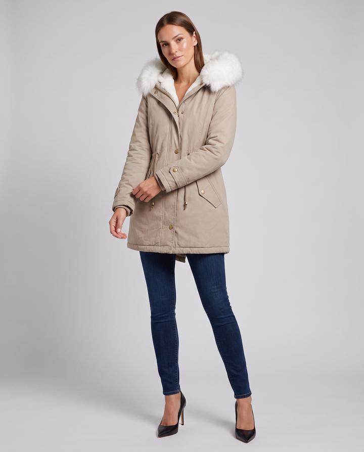 Women's hooded parka coat with fur-look trim and drawstring waist