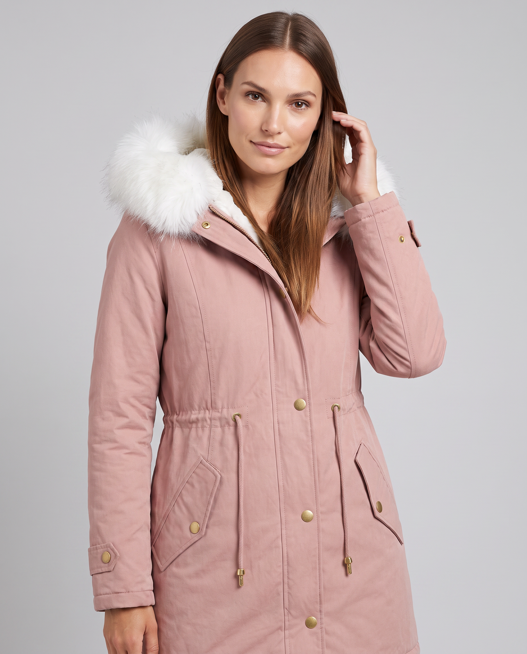 Women's hooded parka coat with fur-look trim and drawstring waist