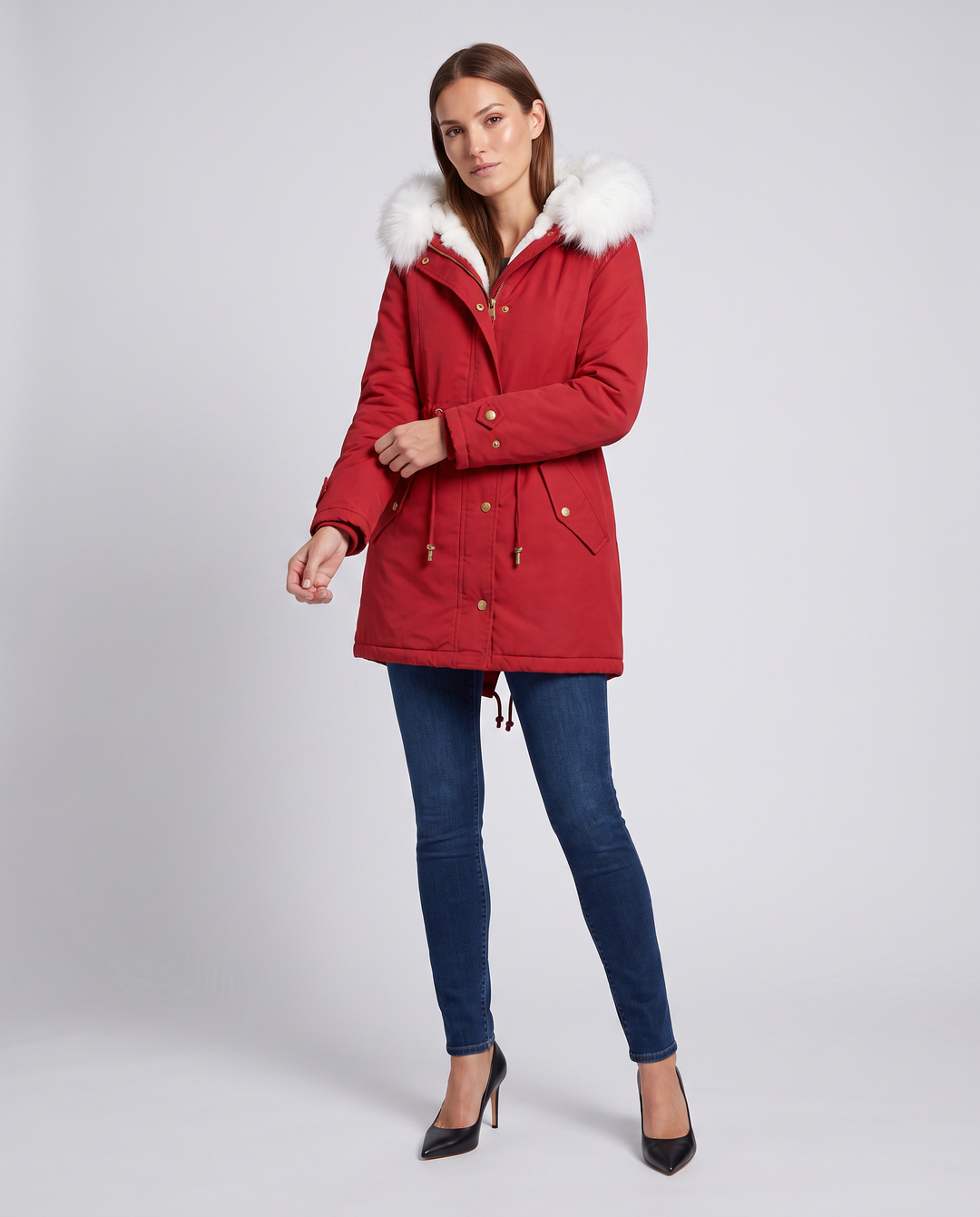 Women's hooded parka coat with fur-look trim and drawstring waist