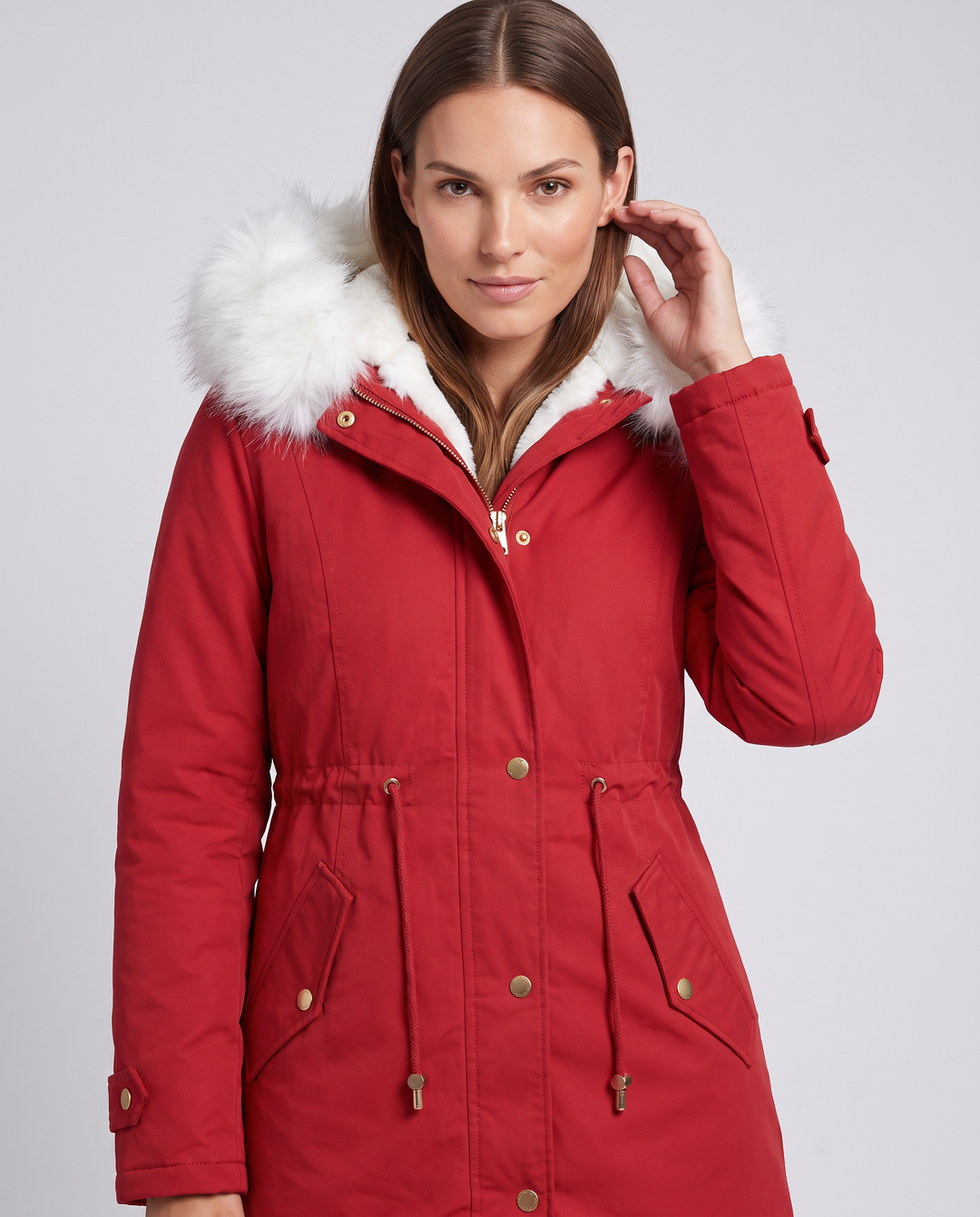 Women's hooded parka coat with fur-look trim and drawstring waist