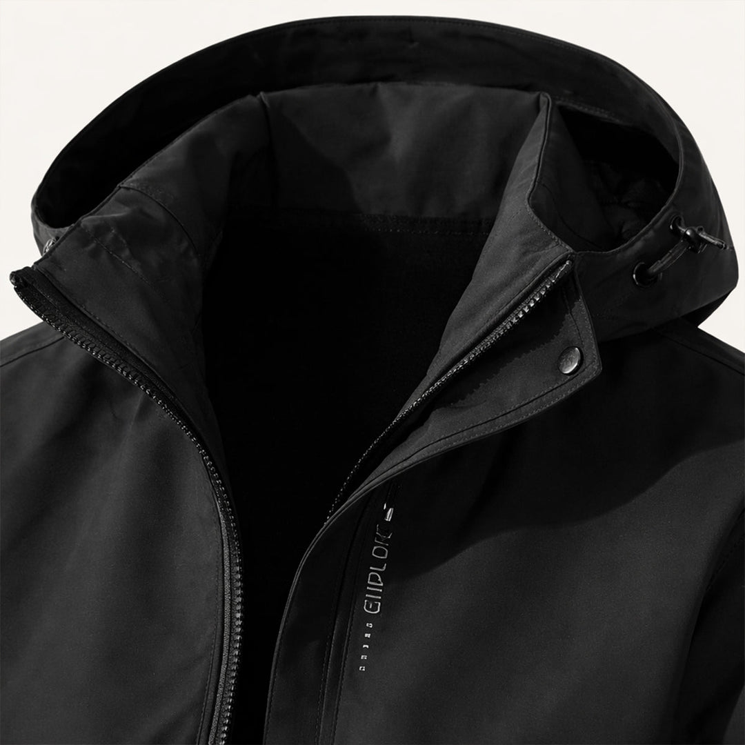 Men's hooded zip front jacket with long sleeves and zipped pockets