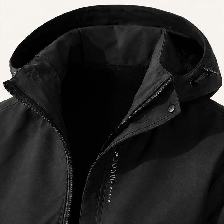 Men's hooded zip front jacket with long sleeves and zipped pockets