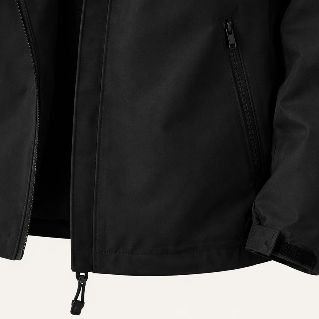 Men's hooded zip front jacket with long sleeves and zipped pockets