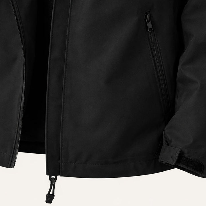 Men's hooded zip front jacket with long sleeves and zipped pockets