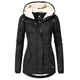 Women's long hooded coat with light trim and front zipper