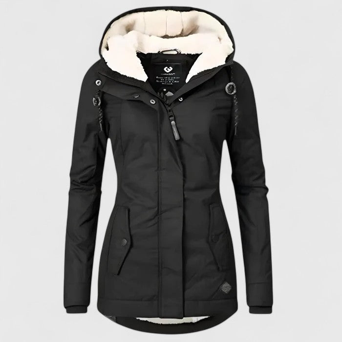 Women's hooded winter jacket with faux fur lined hood