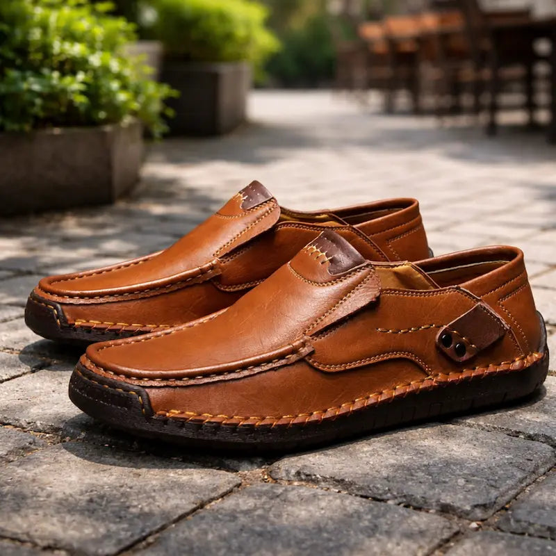 Men's slip-on moc toe loafers with stitched detailing and flat soles