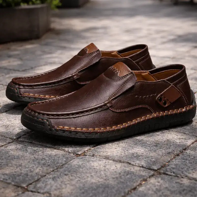 Men's slip-on moc toe loafers with stitched detailing and flat soles