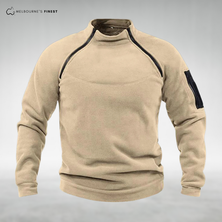 Unisex long-sleeve fleece pullover with mock neck and zip details