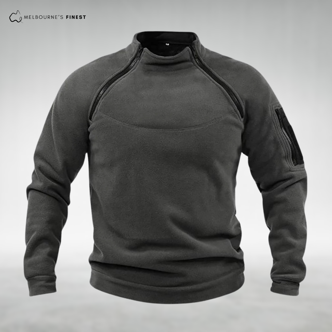 Unisex long-sleeve fleece pullover with mock neck and zip details