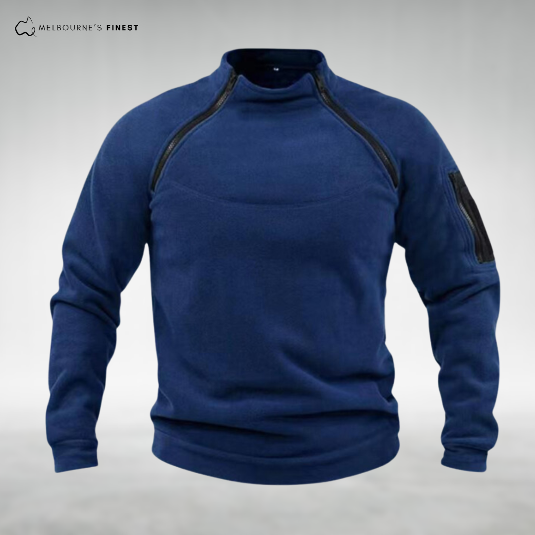 Unisex long-sleeve fleece pullover with mock neck and zip details