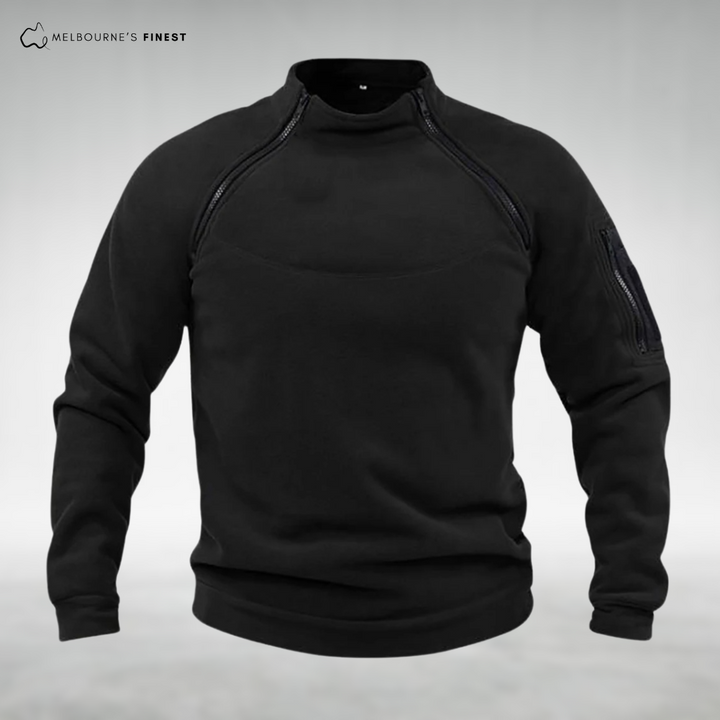 Unisex long-sleeve fleece pullover with mock neck and zip details