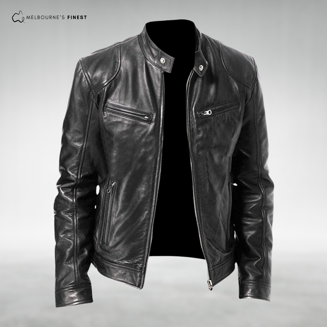 Men's stand collar jacket with zip front, chest pockets and long sleeves