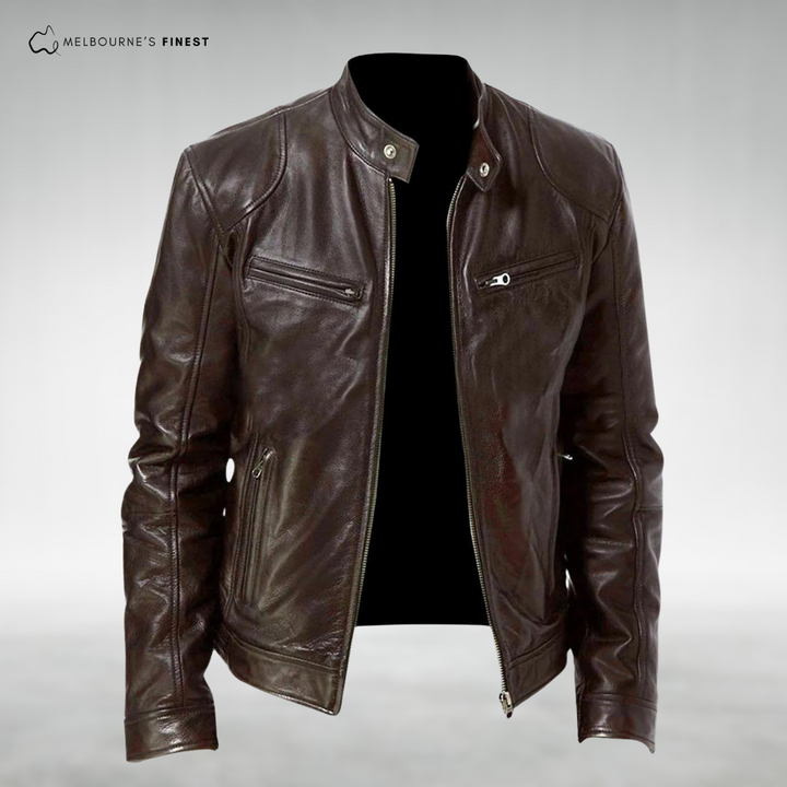 Men's stand collar jacket with zip front, chest pockets and long sleeves