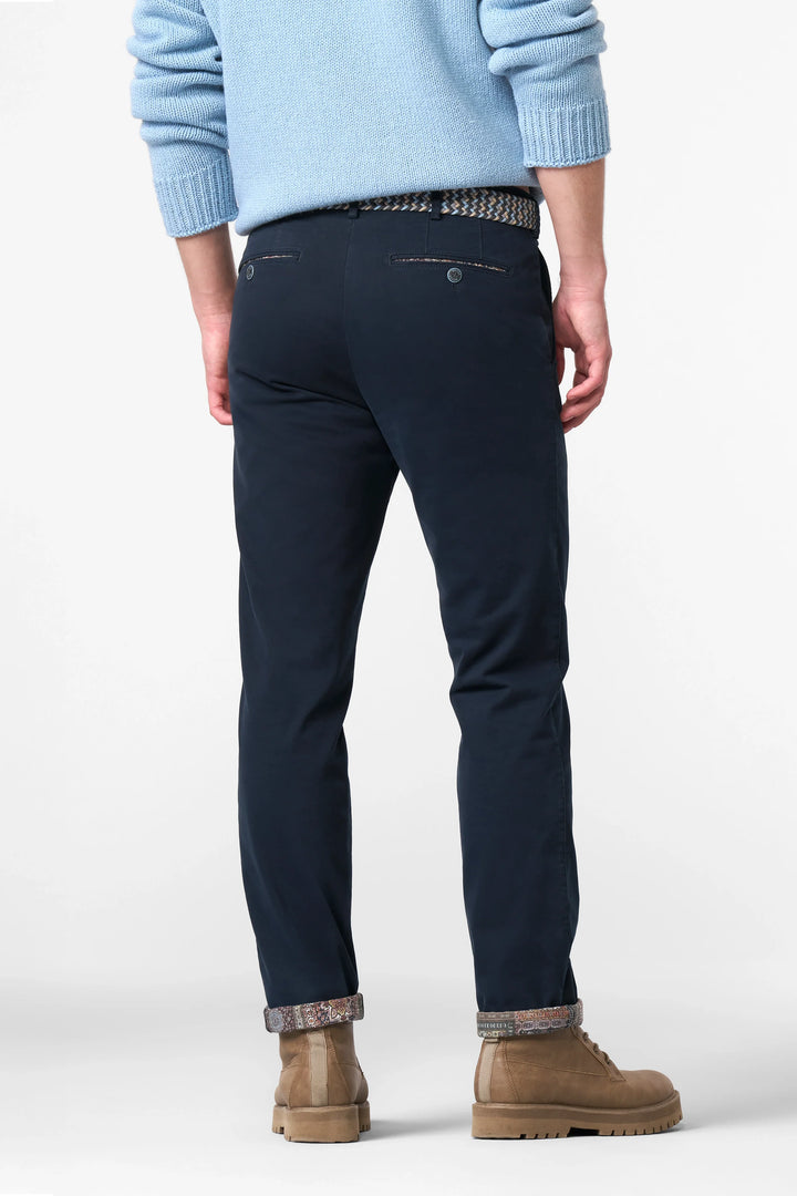 Men's straight leg fine twill trousers shown in navy and olive colourways