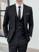 Men's single-breasted three-piece suit with notched lapels, waistcoat and tailored trousers