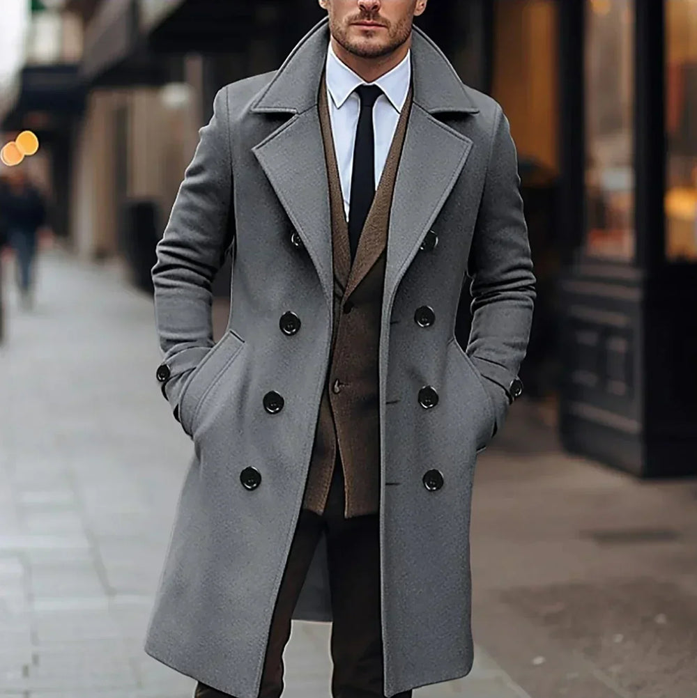 Men's long double-breasted coat with notched lapels and side pockets