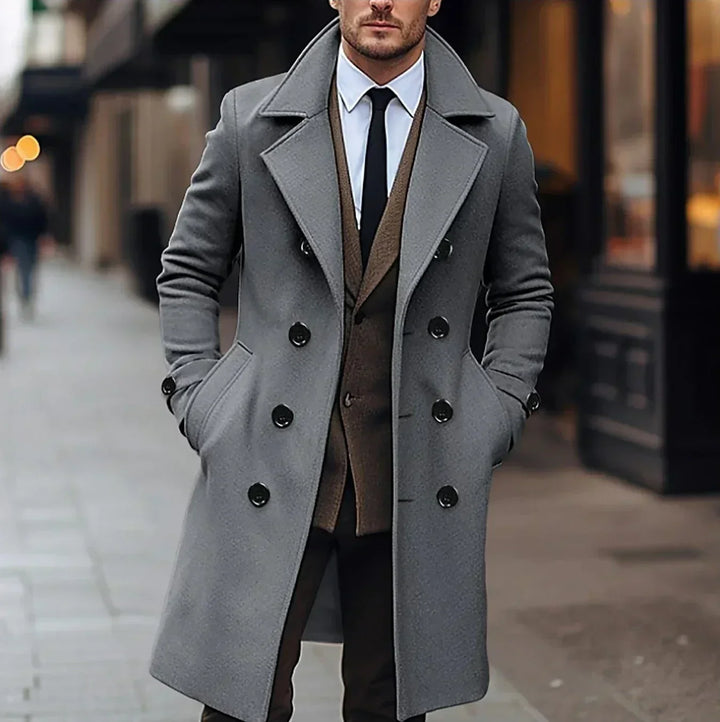 Men's long double-breasted coat with notched lapels and side pockets