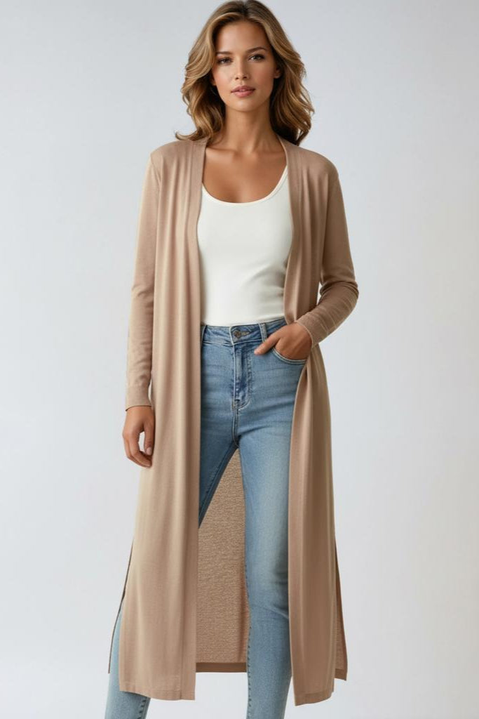 Women's longline open cardigan with side slits