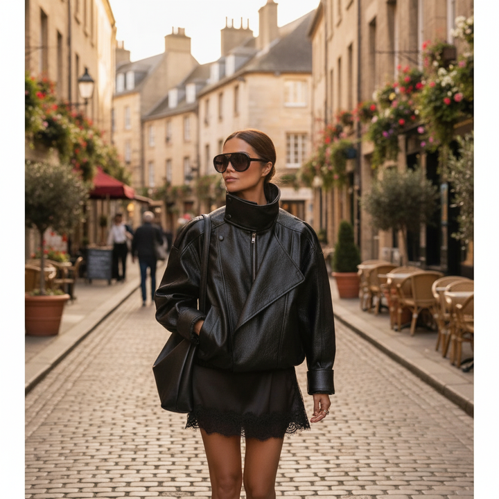 Women's black biker jacket with high neck and asymmetric zipper