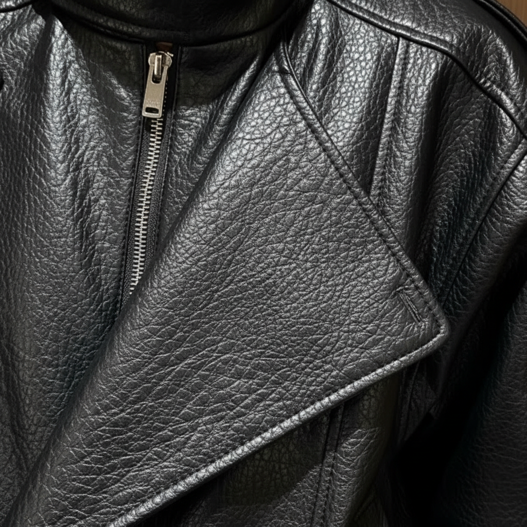 Women's black biker jacket with high neck and asymmetric zipper