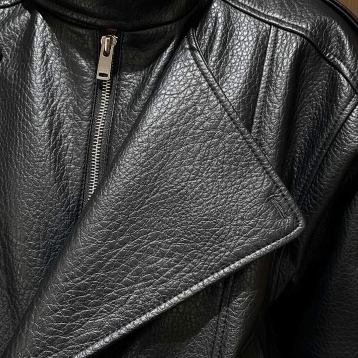 Women's black biker jacket with high neck and asymmetric zipper
