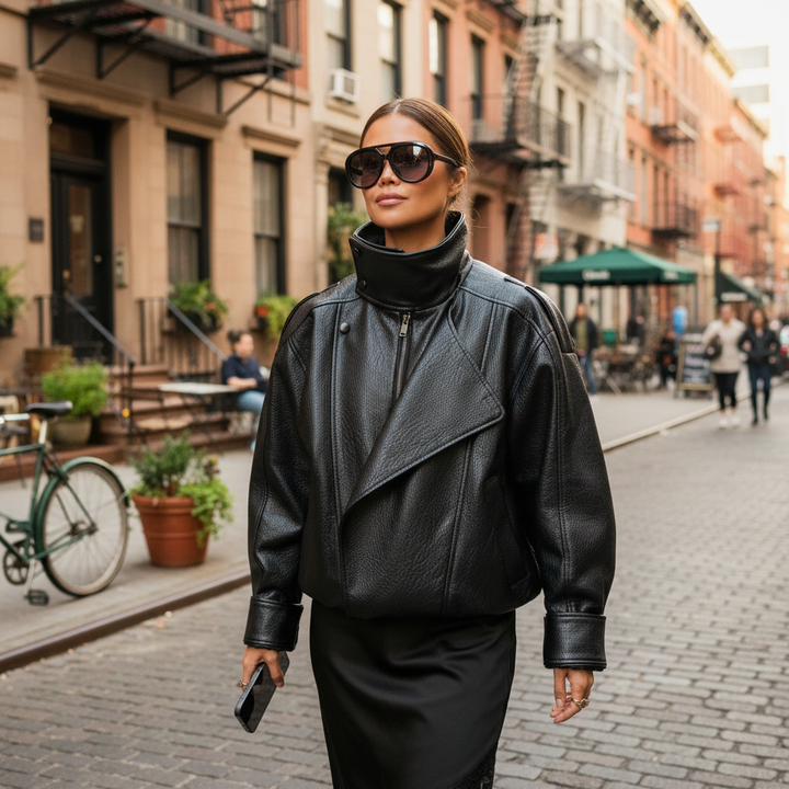 Women's black biker jacket with high neck and asymmetric zipper