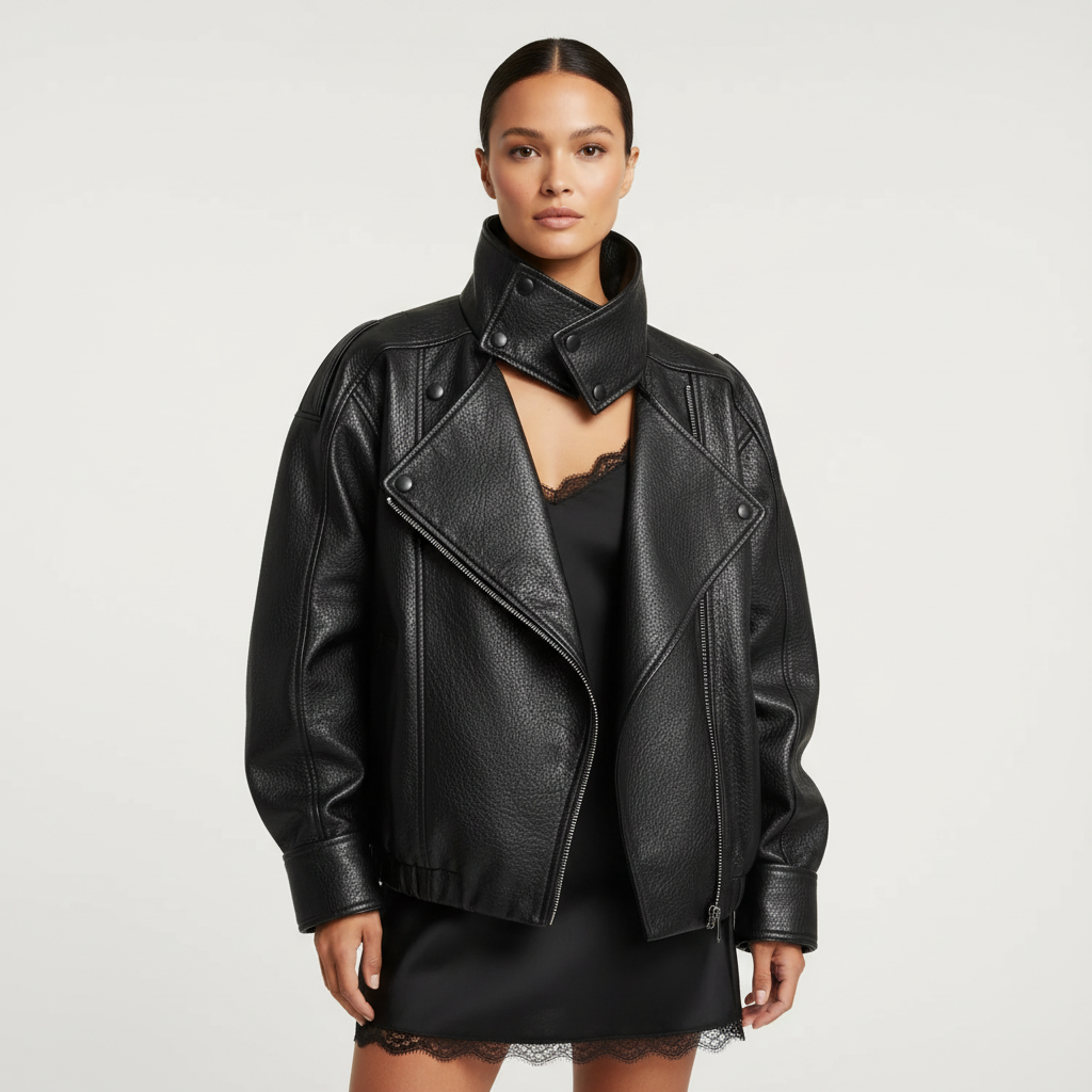 Women's black biker jacket with high neck and asymmetric zipper