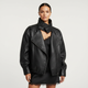 Women's black biker jacket with high neck and asymmetric zipper