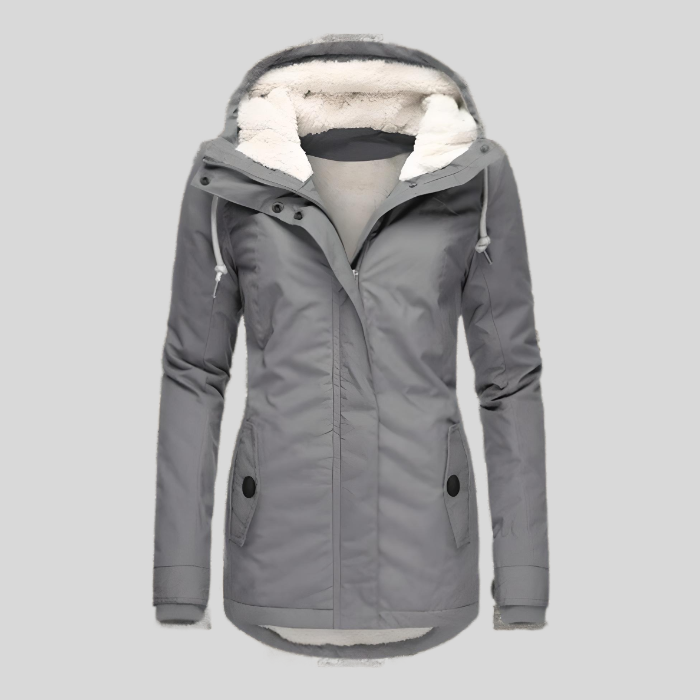 Women's long hooded coat with light trim and front zipper