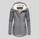 Women's long hooded coat with light trim and front zipper