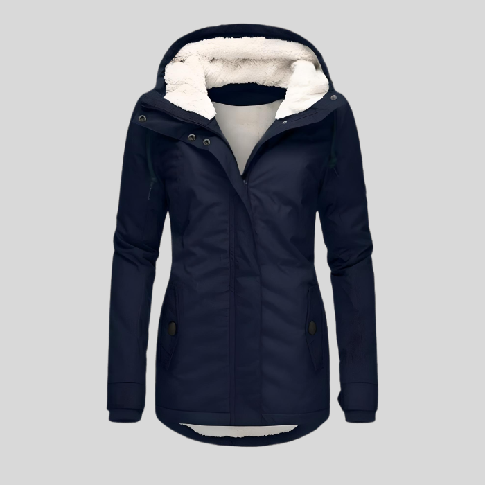 Women's long hooded coat with light trim and front zipper