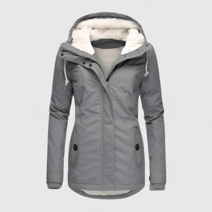 Women's hooded winter jacket with faux fur lined hood