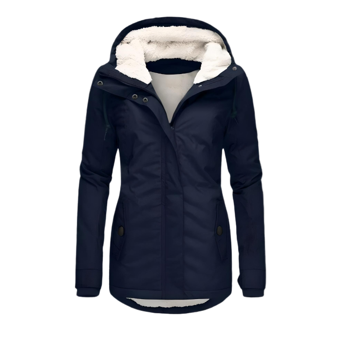 Women's hooded winter coat with front zip and flap pockets